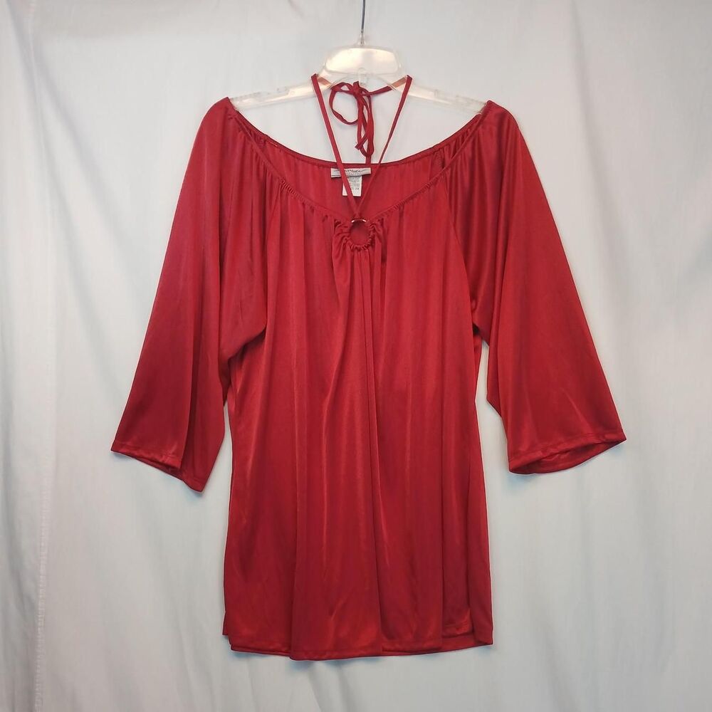 Red Satiny 3/4 Sleeve Tie Neck Flowy Blouse 2X Vintage